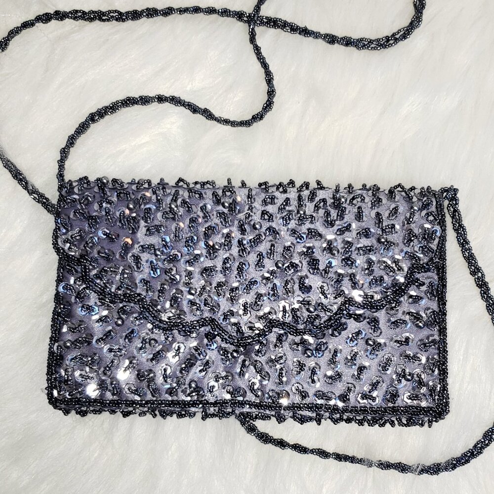 Vintage BIJOUX TERNER Elegant Silver Beaded Women's Crossbody Clutch Bag Purse